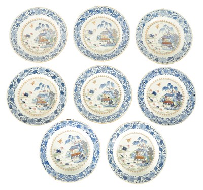 Lot 154 - A SET OF 6, 18TH CENTURY CHINESE BLUE GROUND AND POLYCHROME  PLATES AND A PAIR OF SOUP DISHES