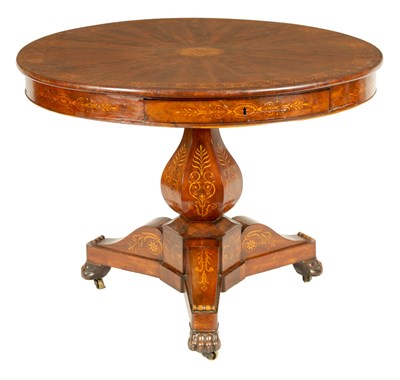 Lot 789 - A 19TH CENTURY FRENCH EMPIRE INLAID FLAME MAHOGANY DRUM TABLE
