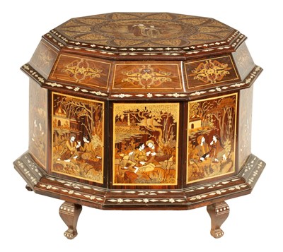 Lot 190 - A LARGE EARLY 20TH CENTURY ANGLO INDIAN  DECAGONAL SHAPED MARQUETRY INLAID HARDWOOD CASKET