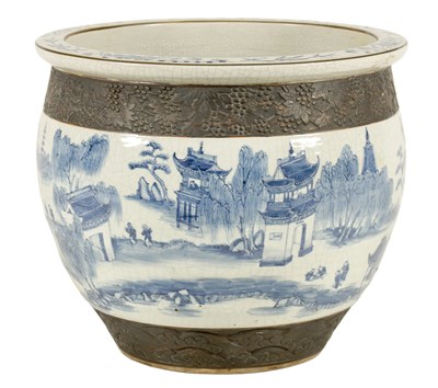 Lot 178 - A 19TH CENTURY CHINESE CRACKLE GLAZE BLUE AND WHITE JARDINIERE