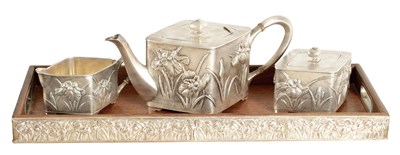 Lot 174 - A JAPANESE MEIJI PERIOD 3 PIECE BISANSHA SILVER TEA SERVICE AND TRAY