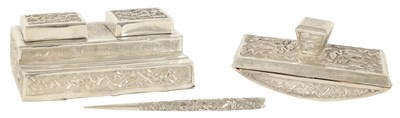 Lot 135 - A 20TH CENTURY CHINESE SILVER THREE PIECE DESK SET