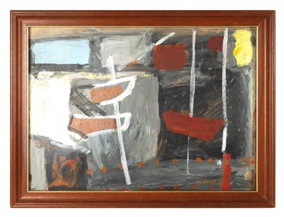 Lot 636 - ATT ROGER HILTON SIGNED WILLIAM SCOTT -  A MID 20TH CENTURY OIL ON BOARD ‘ABSTRACT BOATS’