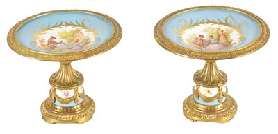Lot 51 - A PAIR OF 19TH CENTURY ORMOLU MOUNTED FRENCH SEVRES PORCELAIN TAZZAS