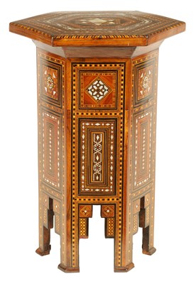 Lot 144 - A 19TH CENTURY EASTERN MOSAIC INLAID HEXAGONAL OCCASIONAL TABLE