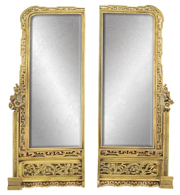 Lot 745 - A DECORATIVE PAIR OF LATE 19TH CENTURY GILT BRONZE FRENCH JAPANESE STYLE MIRRORS
