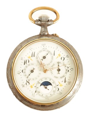 Lot 262 - A LARGE EARLY 20TH CENTURY GUN METAL AND GILT DIAL MOON PHASE CALENDAR POCKET WATCH WITH INTERESTING INSCRIPTION
