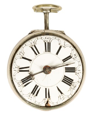 Lot 270 - F. MILLER, LONDON. A GEORGE III VERGE FUSEE REPOUSSE PAIR CASED POCKET WATCH