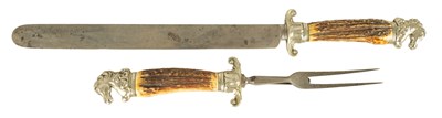 Lot 316 - AN IMPRESSIVE 19TH CENTURY  SILVER MOUNTED AND STAGS HORN HANLDE CARVING SET