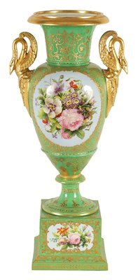 Lot 121 - A FINE 19TH CENTURY PARIS PORCELAIN GREEN AND GILT PEDESTAL VASE OF LARGE SIZE