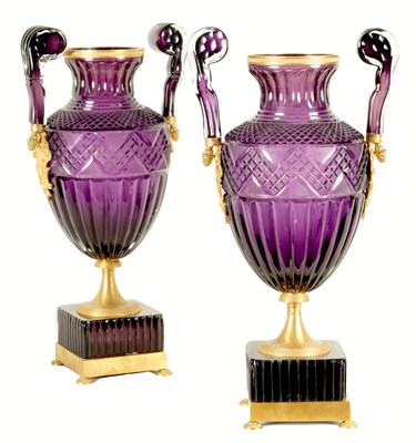 Lot 17 - A LARGE PAIR OF LATE 19TH/EARLY 20TH CENTURY RUSSIAN ORMOLU MOUNTED AMETHYST CUT-GLASS