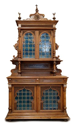 Lot 750 - AN IMPRESSIVE LATE 19TH CENTURY LARGE FRENCH WALNUT BOXWOOD, IVORY, EBONY AND MOTHER OF PEARL INLAID EASTERN STYLE CABINET