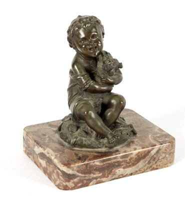 Lot 789 - A 19TH CENTURY FRENCH BRONZE SCULPTURE OF A SEATED CHILD WITH DOG