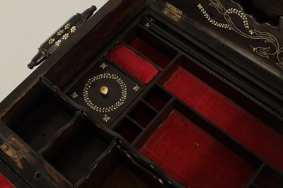 Lot 186 - AN UNUSUAL MID 19TH CENTURY MONGHYR ANGLO INDIAN HARDWOOD AND IVORY MARQUETRY INLAID WRITING BOX