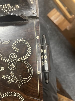 Lot 186 - AN UNUSUAL MID 19TH CENTURY MONGHYR ANGLO INDIAN HARDWOOD AND IVORY MARQUETRY INLAID WRITING BOX