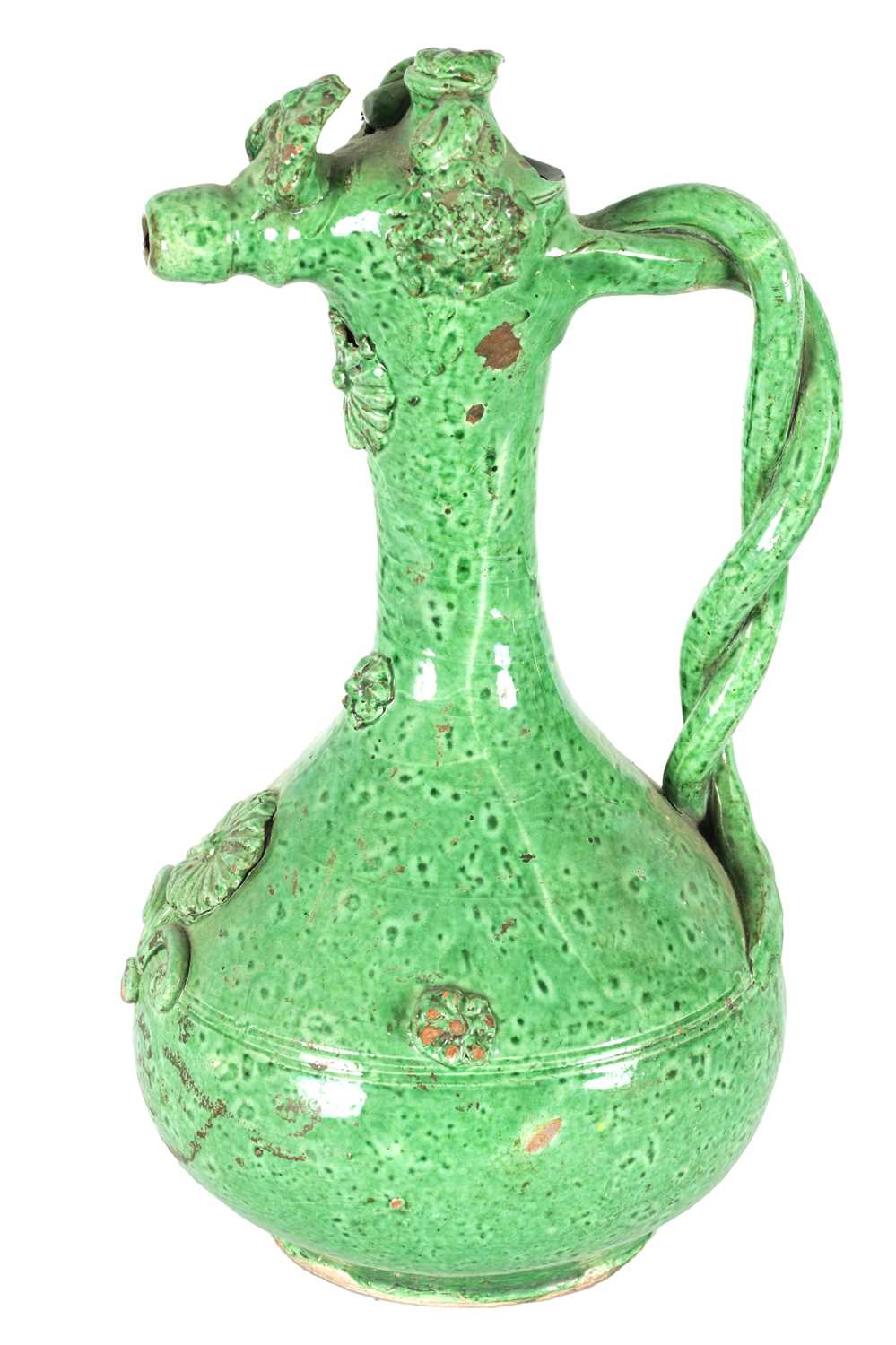 Lot 37 - AN OTTOMAN REVIVAL TURKISH GREEN GLAZED TERRACOTTA CANAKKALE EWER