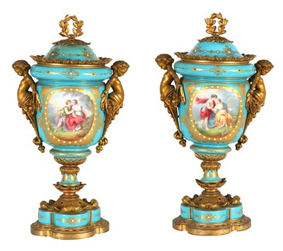 Lot 74 - A PAIR OF 19TH CENTURY FRENCH SEVRES STYLE ORMOLU MOUNTED VASES AND COVERS