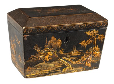 Lot 594 - A LATE GEORGIAN BLACK LACQUER AND CHINOISERRIE  SARCOPHAGUS TEA CADDY