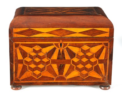 Lot 562 - AN EARLY VICTORIAN MAHOGANY AND ROSEWOOD BANDED SPECIMEN WOOD PARQUETRY INLAID TEA CADDY OF LARGE SIZE