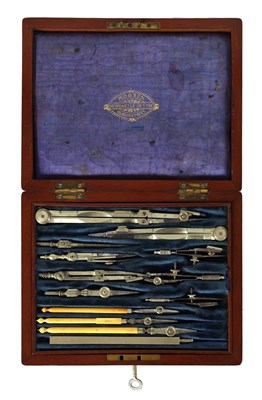 Lot 475 - ROBSON, NEWCASTLE ON TYNE. A 19TH CENTURY BRASS BOUND MAHOGANY CASED SET OF DRAWING INSTRUMENTS