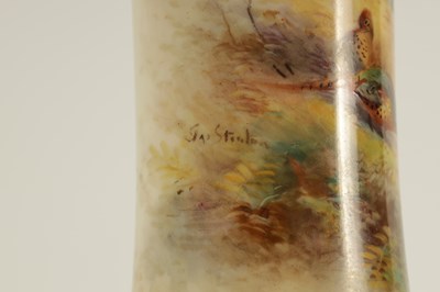 Lot 40 - JAMES STINTON. A PAIR OF ROYAL WORCESTER GILT EDGED FLARED CYLINDRICAL CABINET VASES