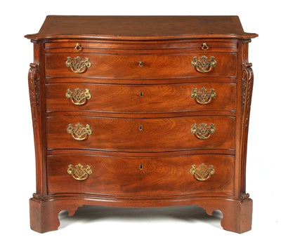 Lot 1130 - A GEORGE III FLAME MAHOGANY SERPENTINE CHEST OF DRAWERS