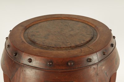Lot 163 - A 19TH CENTURY CHINESE BURR HARDWOOD BARREL SHAPED OPENWORK STOOL