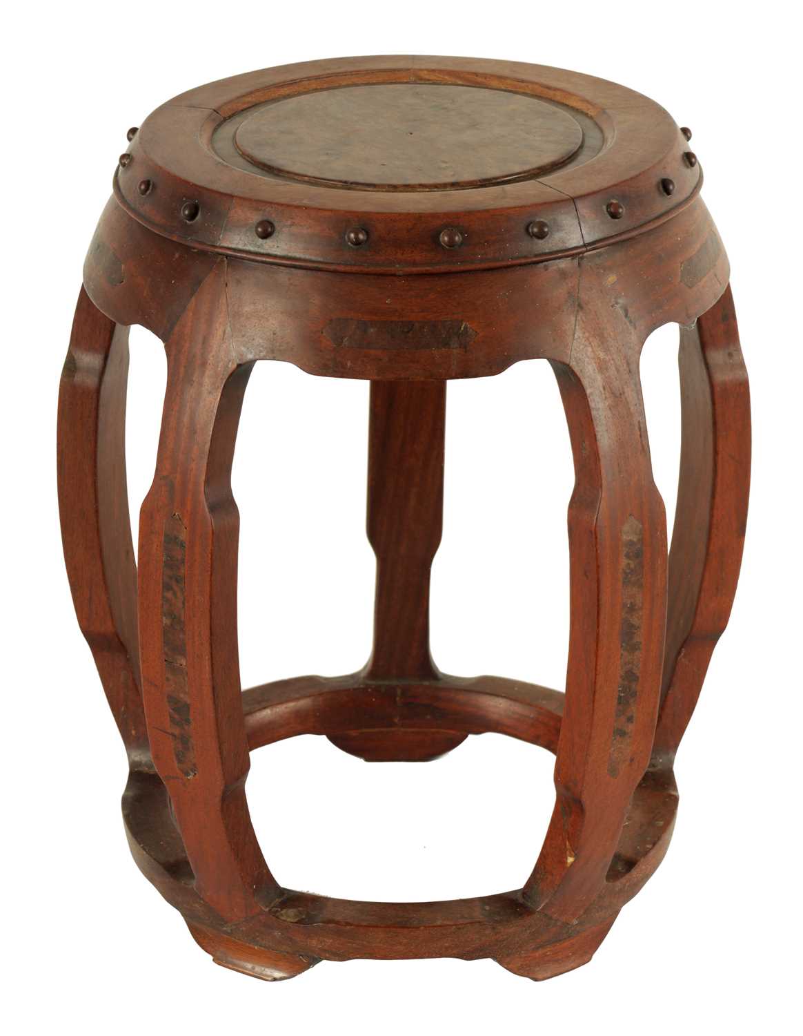 Lot 163 - A 19TH CENTURY CHINESE BURR HARDWOOD BARREL SHAPED OPENWORK STOOL