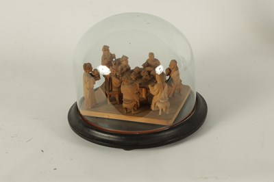 Lot 128 - A 19TH CENTURY CHINESE BOXWOOD CARVED FIGURE GROUP UNDER GLASS DOME