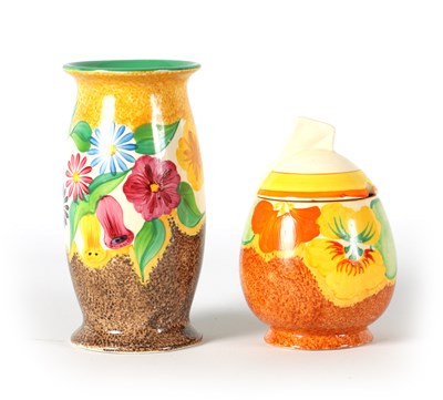 Lot 35 - TWO PIECES OF 1930’S CLARICE CLIFF ‘BIZARRE’ CERAMIC POTTERY COMPRISING OF A PRESERVE POT HAND DECORATED IN THE NASTURTIUM PATTERN AND A BULBOUS SPILL VASE DECORATED IN THE ‘PETUNIA’ PATTERN
