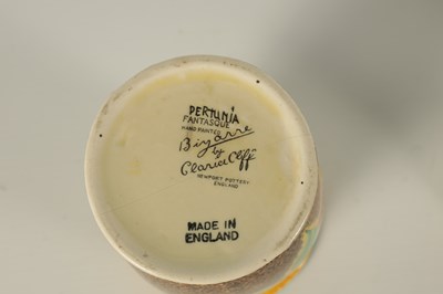 Lot 35 - TWO PIECES OF 1930’S CLARICE CLIFF ‘BIZARRE’ CERAMIC POTTERY COMPRISING OF A PRESERVE POT HAND DECORATED IN THE NASTURTIUM PATTERN AND A BULBOUS SPILL VASE DECORATED IN THE ‘PETUNIA’ PATTERN