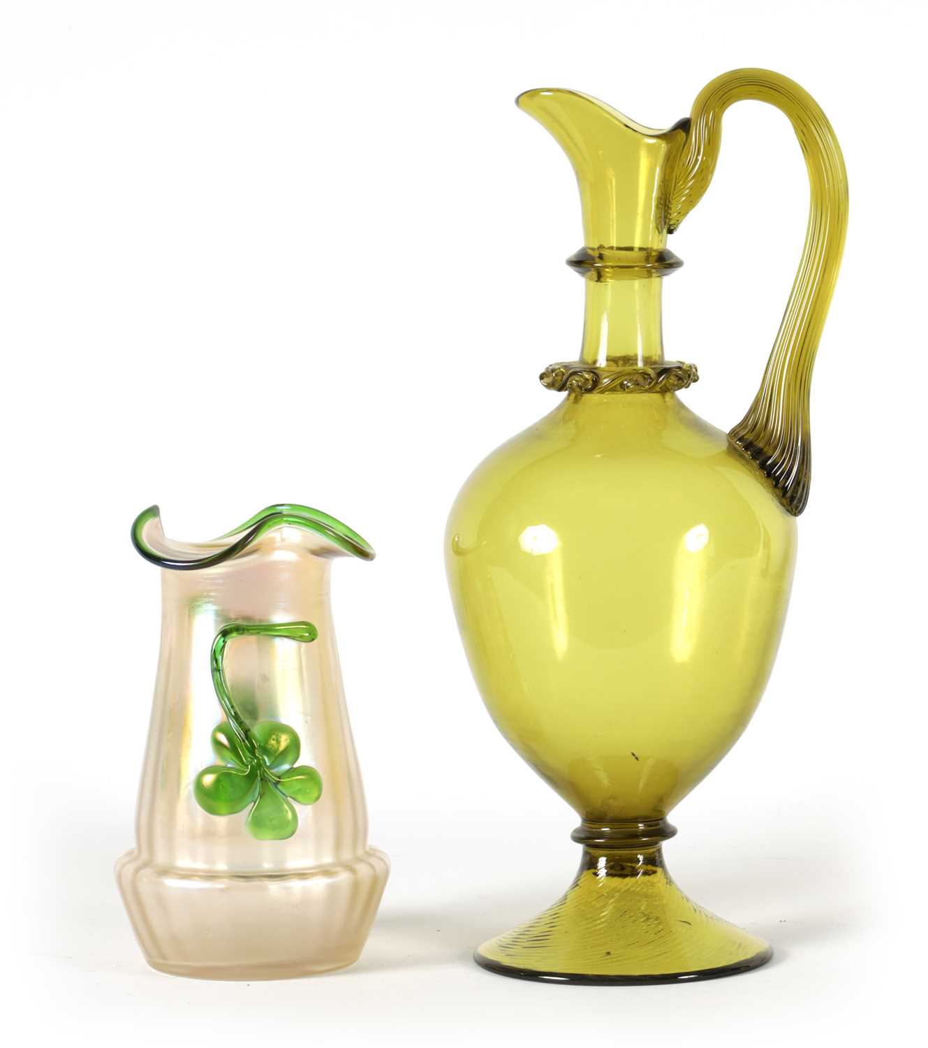 Lot 19 - A LATE 19TH CENTURY WHITEFRIARS STYLE GREEN GLASS EWER
