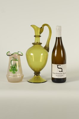 Lot 19 - A LATE 19TH CENTURY WHITEFRIARS STYLE GREEN GLASS EWER