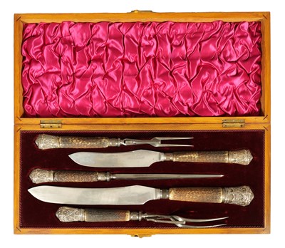 Lot 790 - A LATE 19TH CENTURY BOXED SILVER MOUNTED STAG HORN CARVING SET