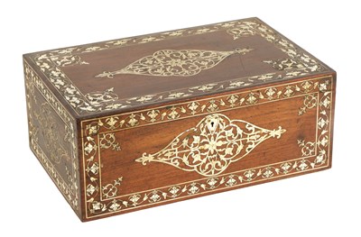 Lot 105 - A 19TH CENTURY ANGLO INDIAN IVORY AND SILVER METAL INLAID HARDWOOD JEWELLERY BOX