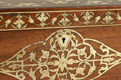 Lot 171 - A 19TH CENTURY ANGLO INDIAN IVORY AND SILVER METAL INLAID HARDWOOD JEWELLERY BOX