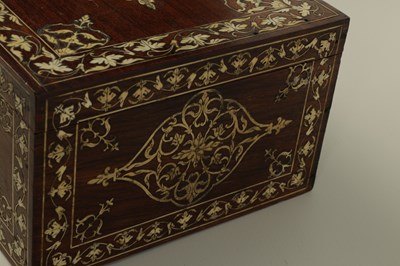 Lot 171 - A 19TH CENTURY ANGLO INDIAN IVORY AND SILVER METAL INLAID HARDWOOD JEWELLERY BOX