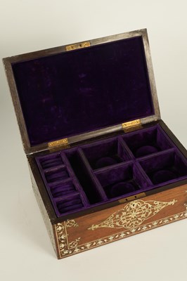 Lot 171 - A 19TH CENTURY ANGLO INDIAN IVORY AND SILVER METAL INLAID HARDWOOD JEWELLERY BOX