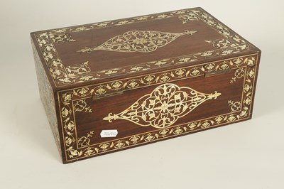 Lot 171 - A 19TH CENTURY ANGLO INDIAN IVORY AND SILVER METAL INLAID HARDWOOD JEWELLERY BOX