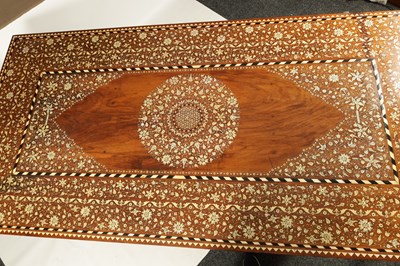 Lot 1046 - A FINE LATE 19TH/EARLY 20TH CENTURY IVORY AND EBONY INLAID HARDWOOD ANGLO INDIAN DINING ROOM TABLE AND SET OF TEN CHAIRS