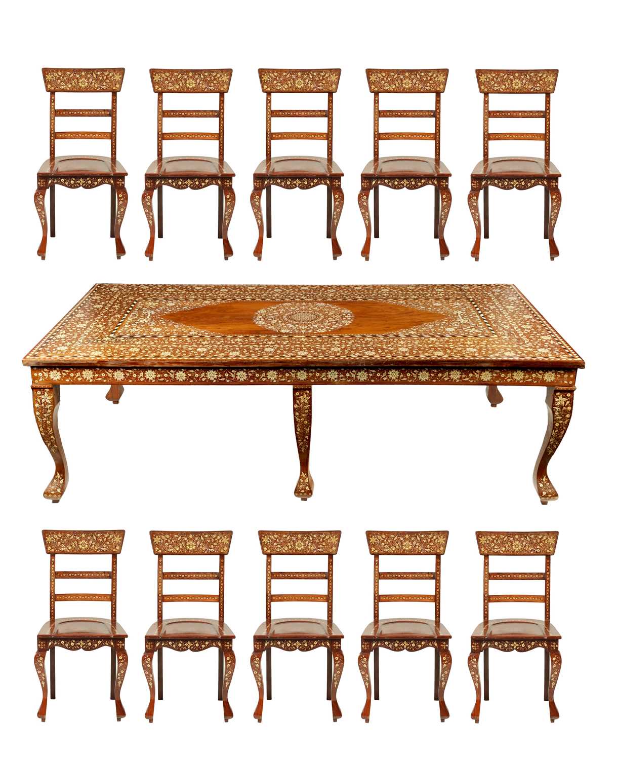Lot 1046 - A FINE LATE 19TH/EARLY 20TH CENTURY IVORY AND EBONY INLAID HARDWOOD ANGLO INDIAN DINING ROOM TABLE AND SET OF TEN CHAIRS