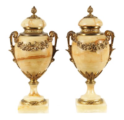 Lot 654 - A PAIR OF 19TH CENTURY FRENCH SIENA MARBLE AND ORMOLU MOUNTED CASSOLETTES