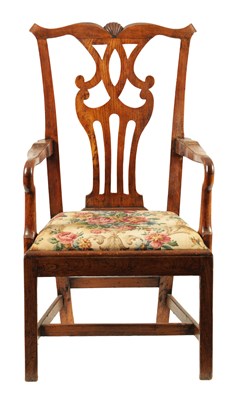 Lot 1100 - AN 18TH CENTURY  PEGGED ELM AND ASH COUNTRY MADE OPEN ARM CHAIR