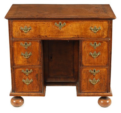 Lot 691 - A WILLIAM AND MARY ELM AND HERRING BANDED WALNUT KNEEHOLE DESK