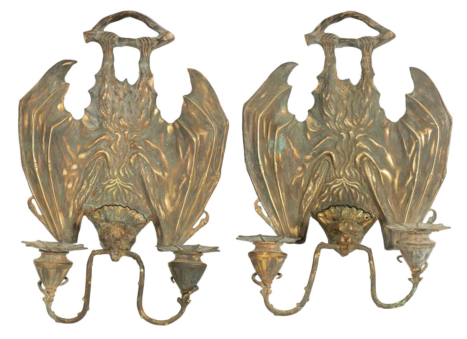 Lot 529 - A PAIR OF BRONZE HANGING BAT WALL SCONCES AFTER WILLIAM TONKS & SONS FOR LIBERTY'S