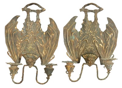 Lot 529 - A PAIR OF BRONZE HANGING BAT WALL SCONCES AFTER WILLIAM TONKS & SONS FOR LIBERTY'S
