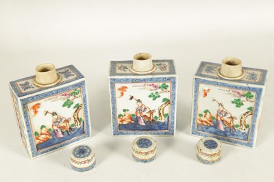 Lot 152 - A SET OF THREE 19TH CENTURY CHINESE FAMILLE ROSE PORCELAIN TEA CADDIES