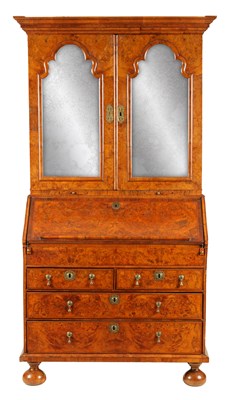 Lot 1156 - A WILLIAM AND MARY BURR WALNUT BUREAU BOOKCASE