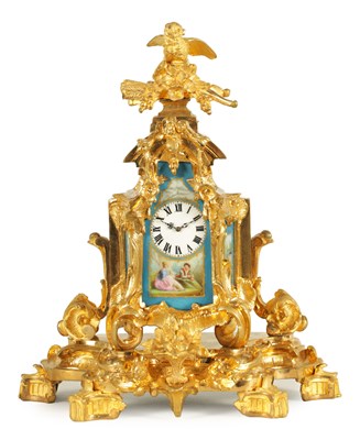 Lot 1010 - A SMALL LATE 19TH CENTURY FRENCH PORCELAIN PANELLED ORMOLU CARRIAGE STYLE MANTEL CLOCK