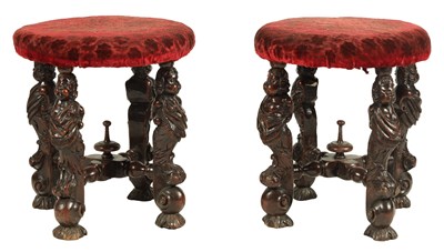 Lot 1081 - A GOOD PAIR OF CHARLES II CARVED WALNUT CIRCULAR UPHOLSTERED STOOLS